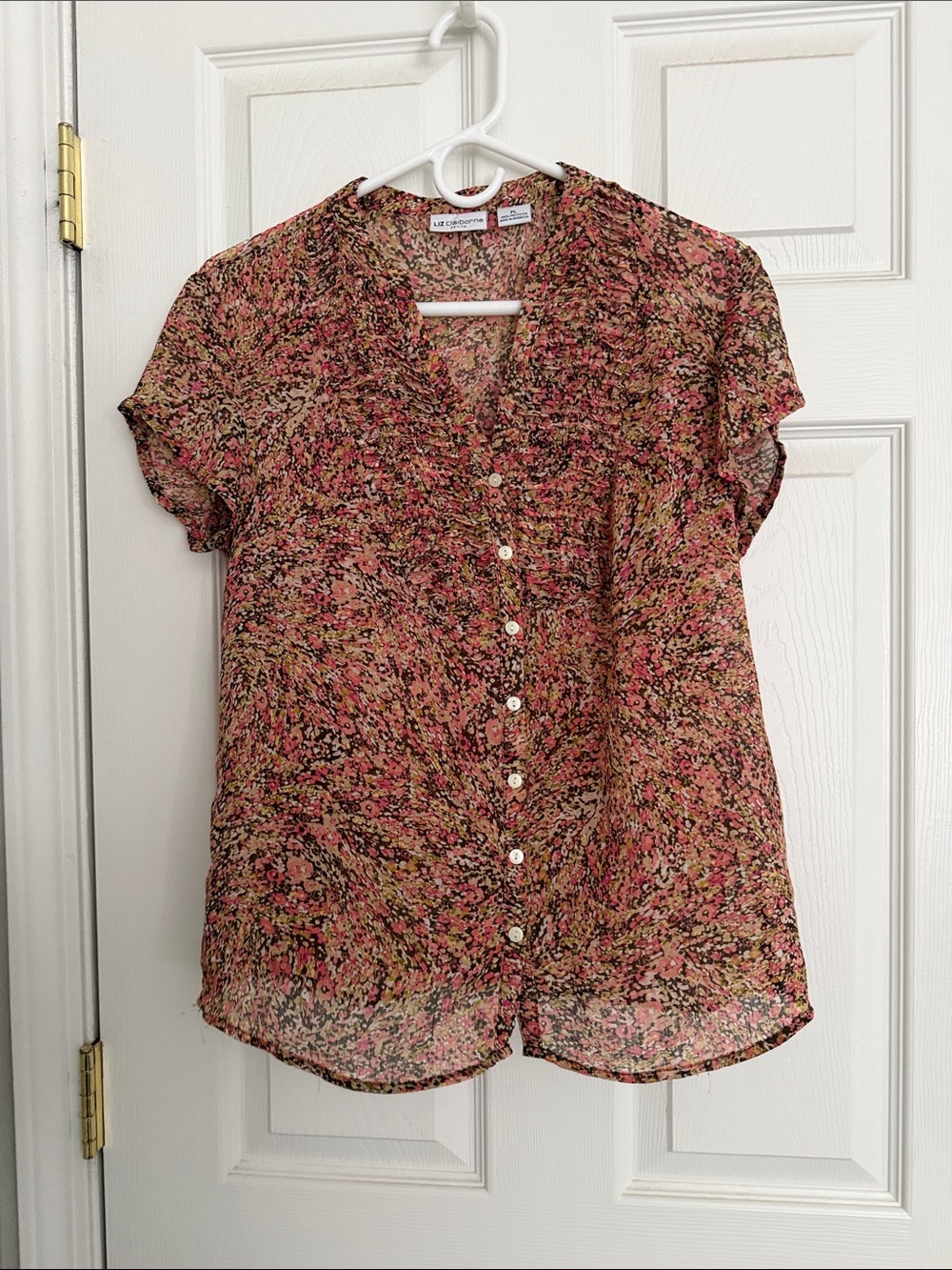 Liz Claiborne Multicolor Pink Floral Button-Front Flutter Sleeve Blouse